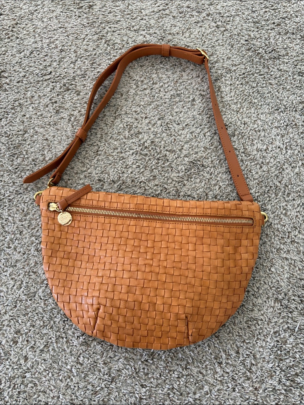 Care V Woven Half-Moon Crossbody Bag in Cognac